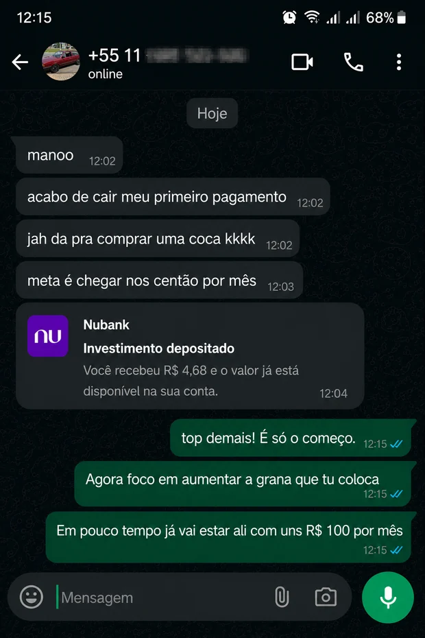 Conversa no WhatsApp: aluno comemora primeiro pagamento de R$ 4,68 caindo na conta