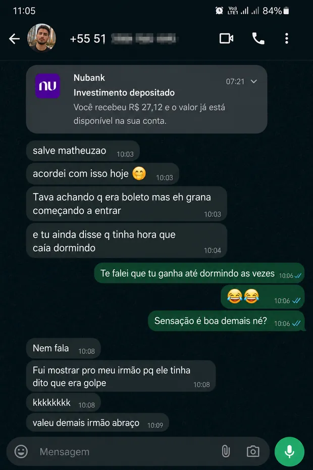 Conversa no WhatsApp: aluno recebe R$ 27,12 e conta que o irmão achava que era golpe