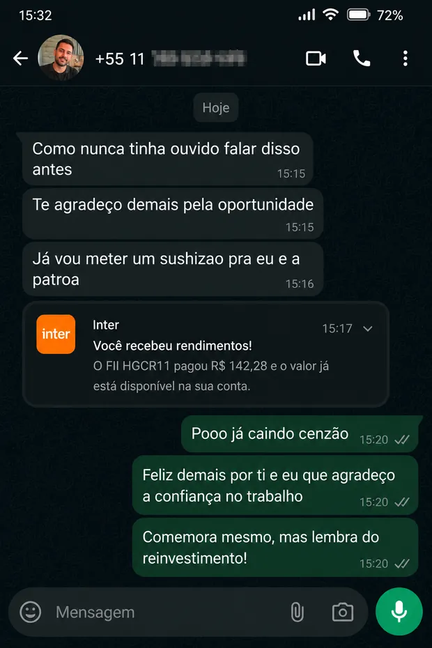 Conversa no WhatsApp: aluno recebe R$ 142,28 e vai comemorar