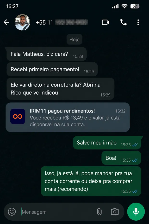Conversa no WhatsApp: aluno recebe R$ 13,49 pela corretora Rico